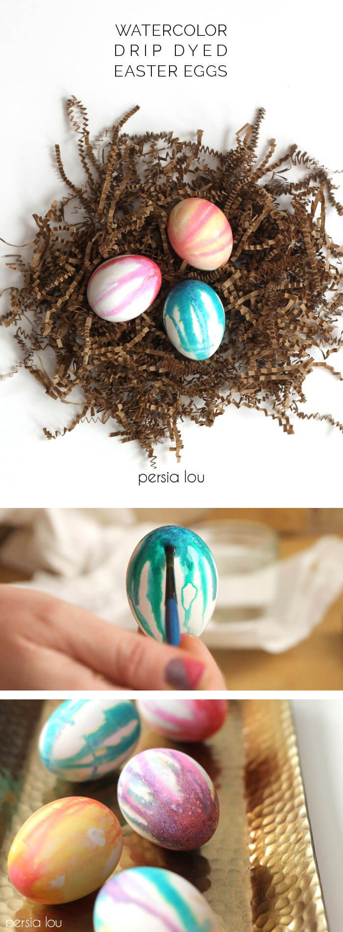make your own watercolor drip dyed easter eggs with regular egg colors. Fun and pretty!