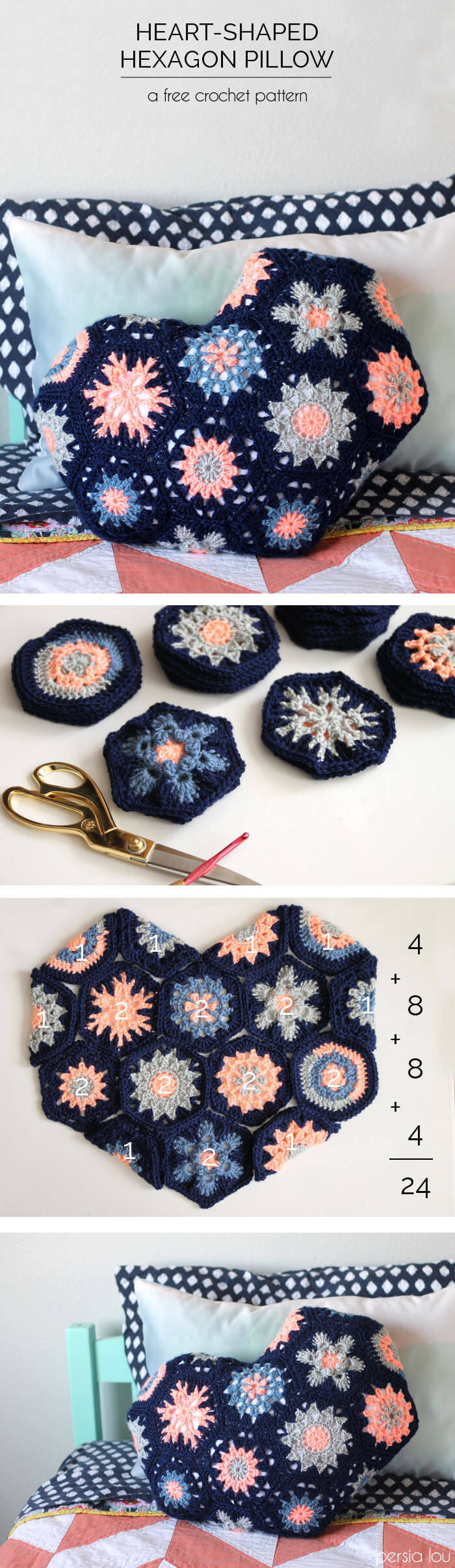make your own heart shaped pillow from crochet hexagons! Full pattern at Persia Lou