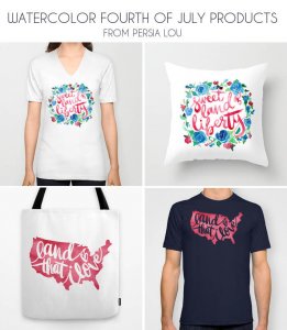 Cute watercolor t-shirt designs for the fourth of july
