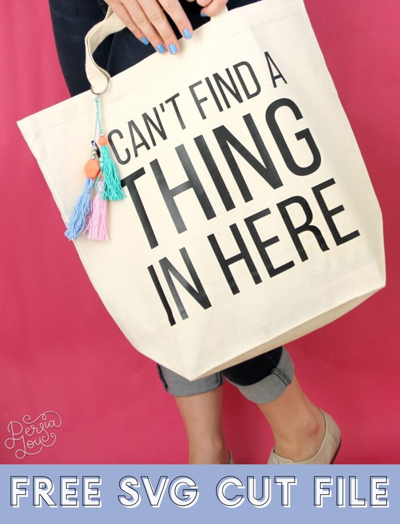 canvas tote bag that reads "i can't find a thing in here" with colorful tassels
