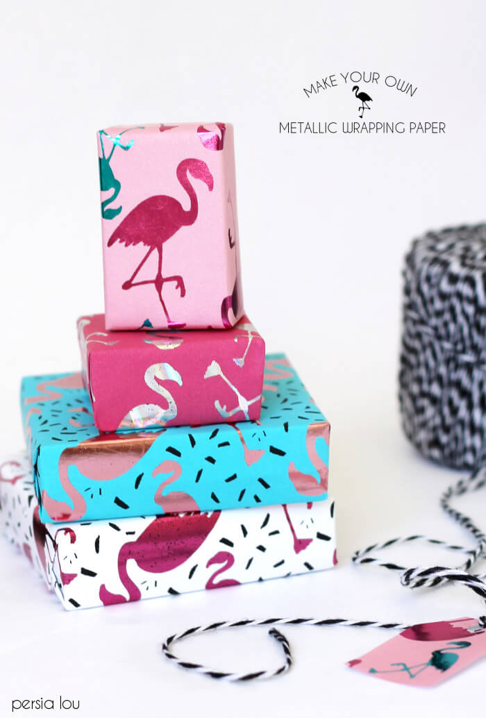 diy metallic wrapping paper - this is so fun! Love the flamingo print