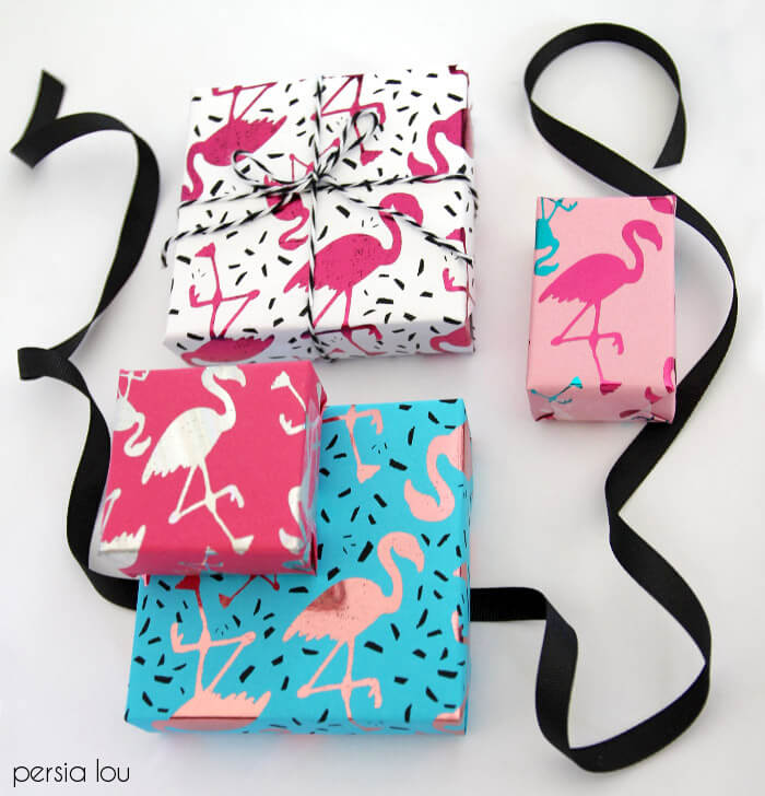diy metallic wrapping paper - so cute with the flamingos