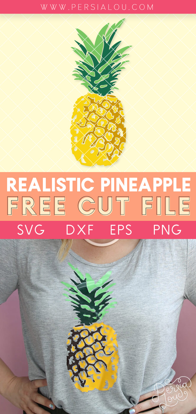 woman wearing gray t-shirt with multi-colored, realistic pineapple svg cut file design on the front