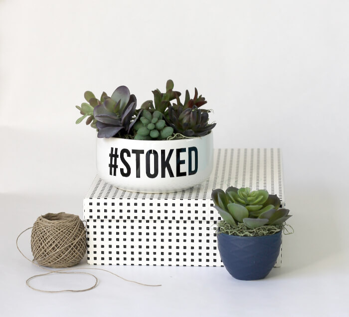 Make your own simple typographical succulent planter - so simple with faux succulents! Customize with a word or phrase.