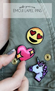 Make your own emoji lapel pins from shrink plastic. So fun to make, wear, and gift! Free printable cards for gifting.