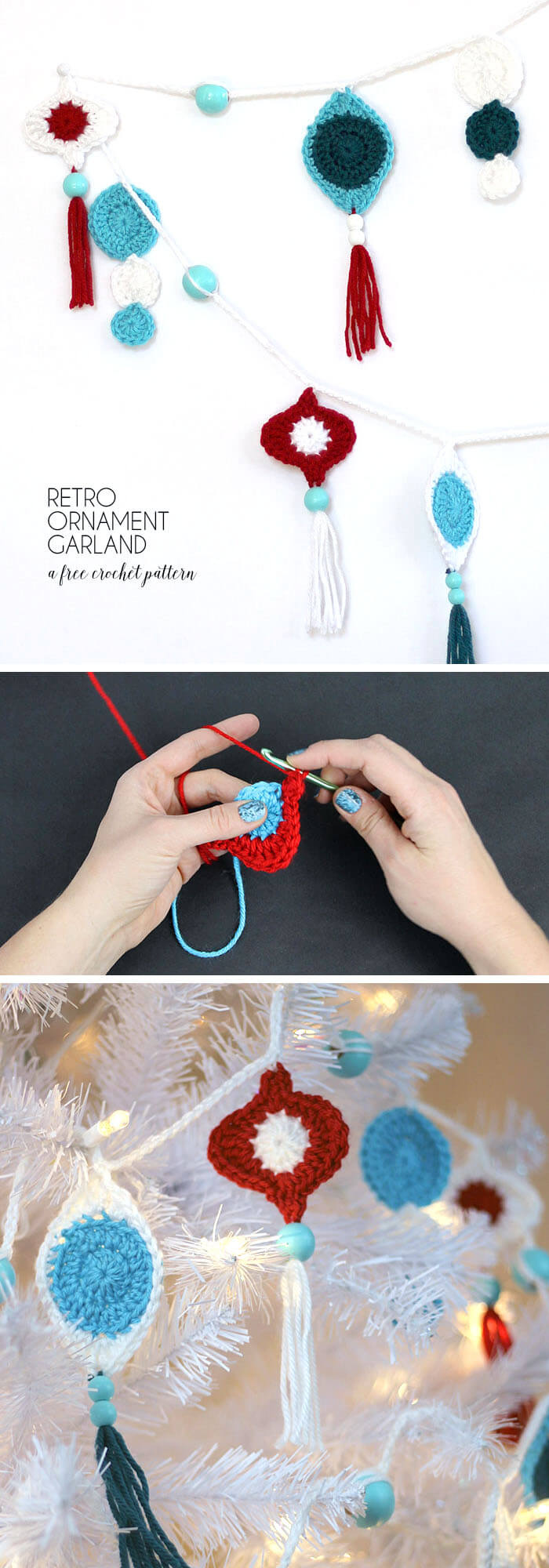 make your own cute crocheted retro Christmas ornament garland - free pattern