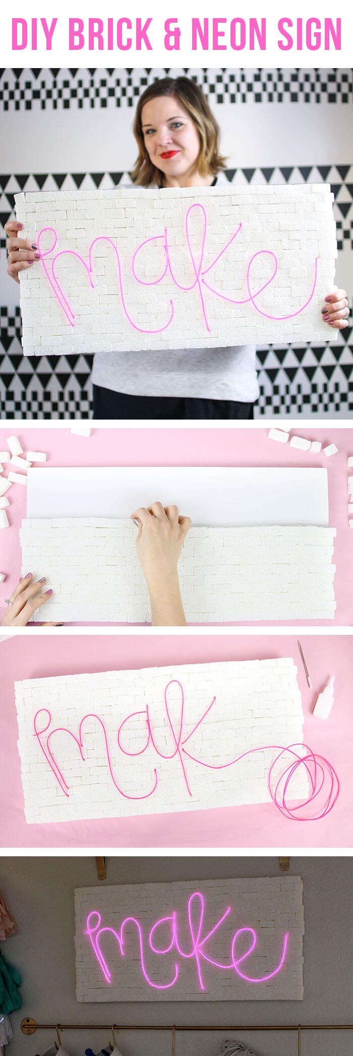 DIY brick and neon sign - so easy to make! No special tools required. Make whatever word or phrase you like