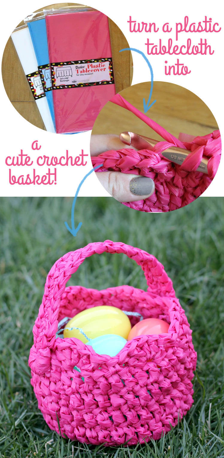crochet an easter basket out of plastic yarn! Make your own colorful plastic yarn from old party tablecloths