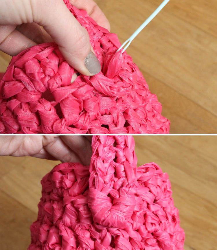 crochet an easter basket out of plastic yarn! Make your own colorful plastic yarn from old party tablecloths