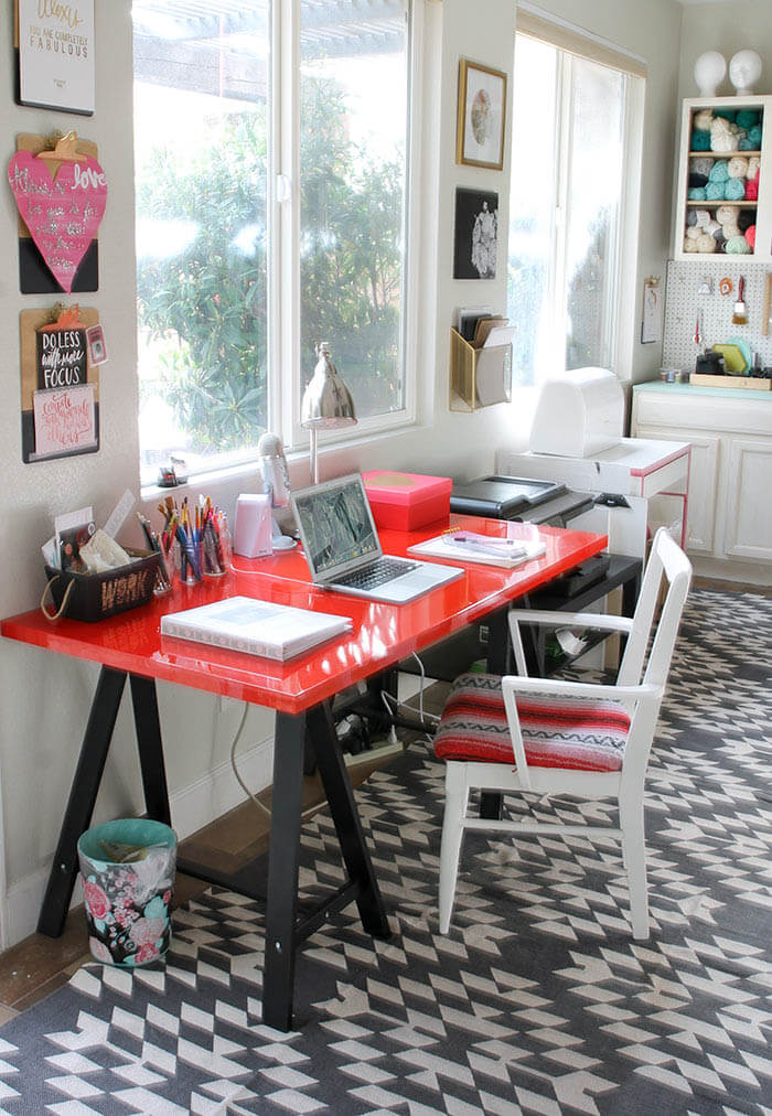 A colorful and organized craft room - lots of fun storage ideas!