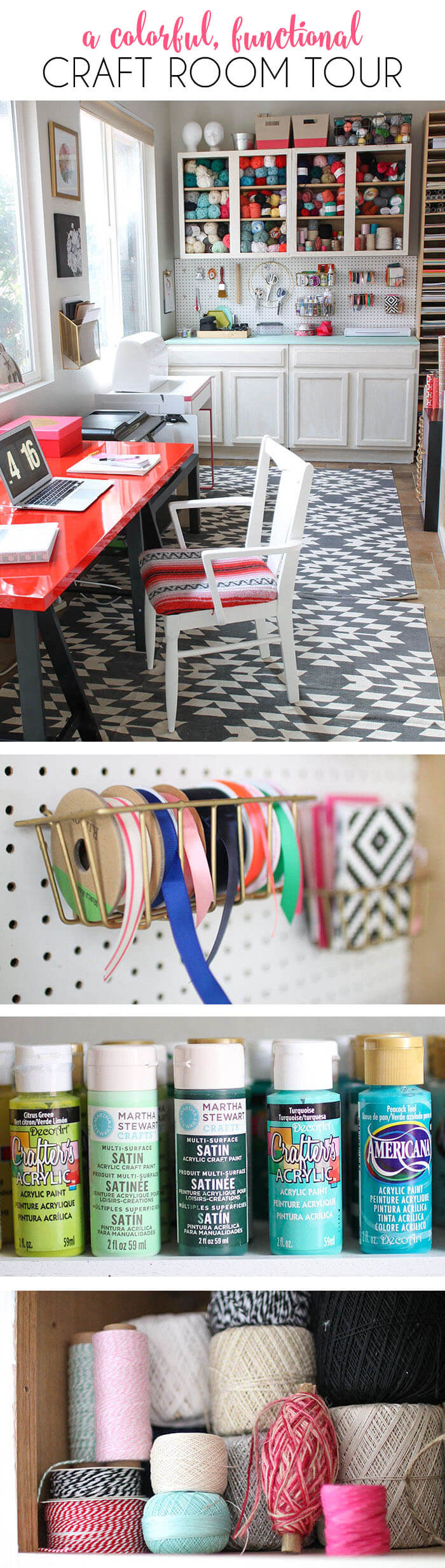 A colorful and functional craft room - lots of fun storage ideas!