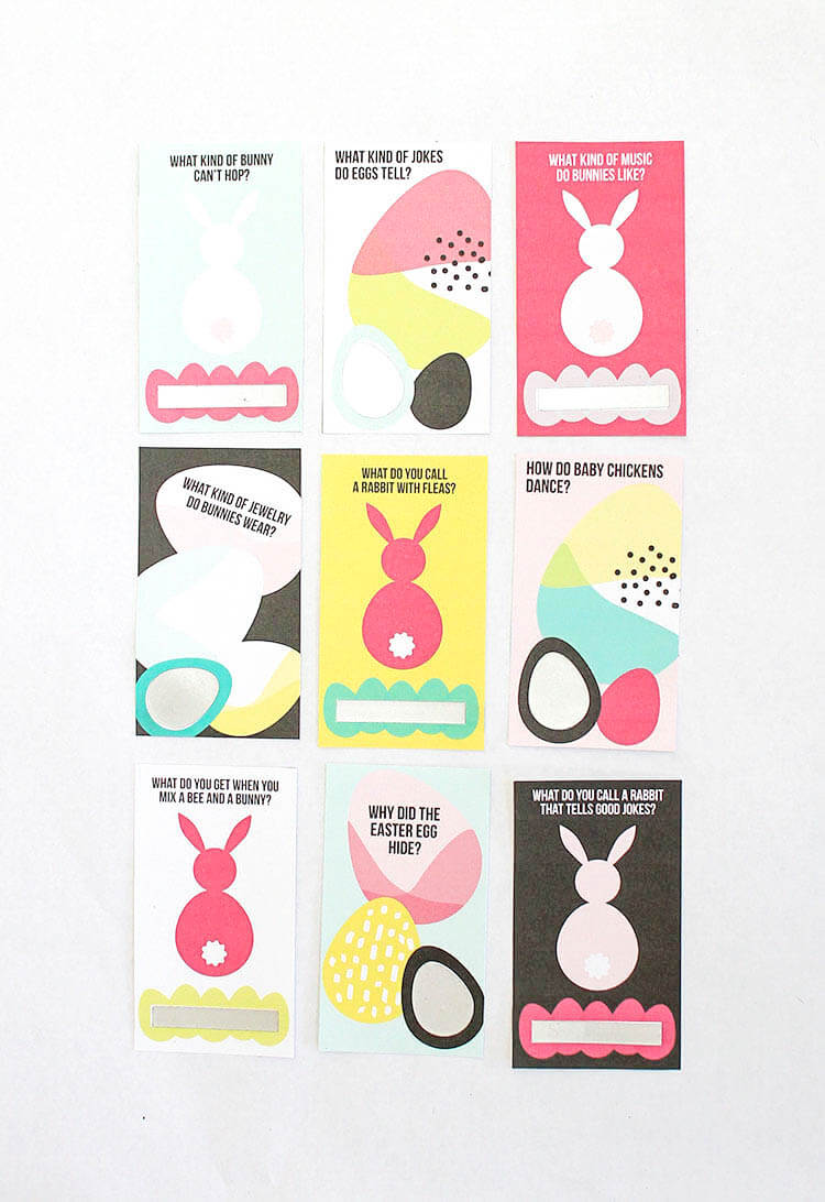 Make your own printable scratch off Easter joke cards. They are the perfect non-candy egg fillers and easy to make with scratch off sticker paper.