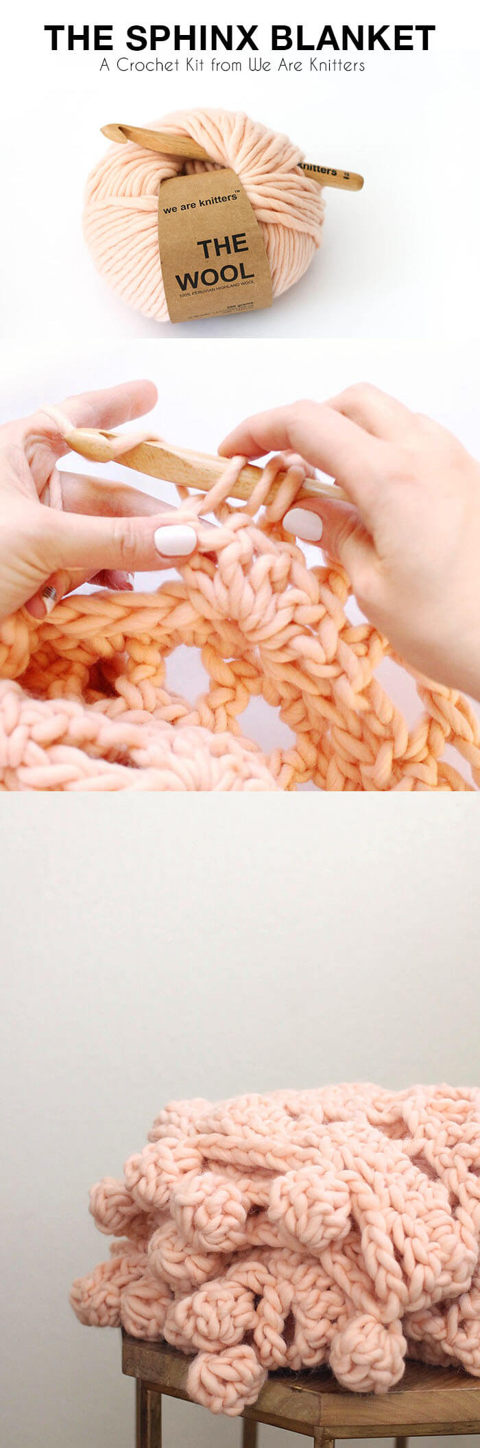 Crochet this gorgeous crocheted blanket easily and quickly with a kit from We Are Knitters.