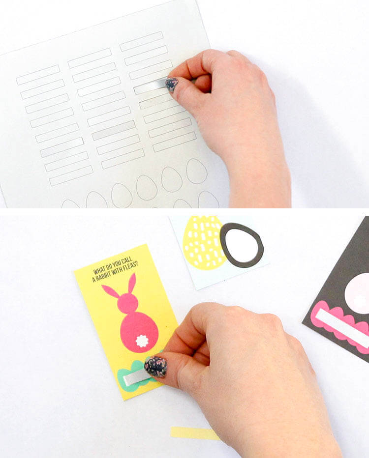 Make your own printable scratch off Easter joke cards. They are the perfect non-candy egg fillers and easy to make with scratch off sticker paper.
