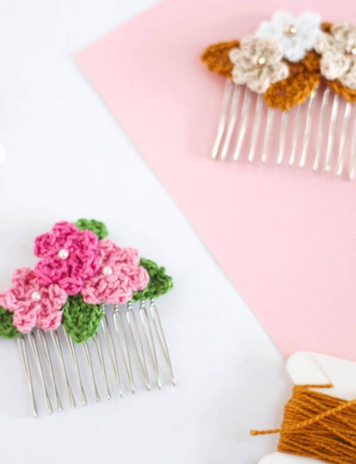 Make your own pretty Crochet Flower Hair Combs with tiny crocheted flowers. Free crochet pattern and photo tutorial.