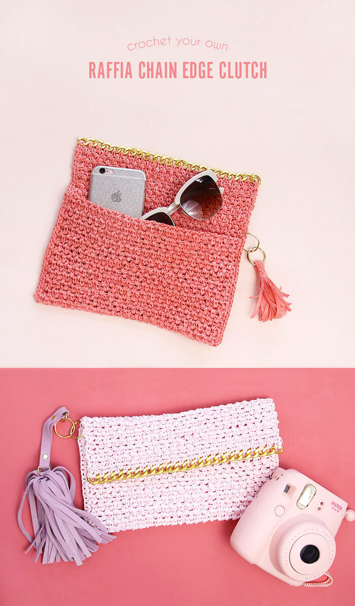 Chain Edge Raffia Crochet Clutch Pattern - love the gold chain detail