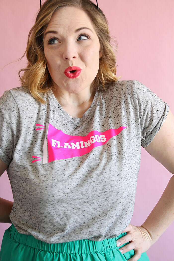 Make your own Neon Pennant Shirt for yarn, flamingos, or whatever you are enthusiastic about. Free Silhouette cut file and tutorial