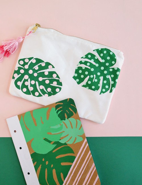 make your own adorable palm leaf school supplies with this free template - adorable pencil pouch and notebook