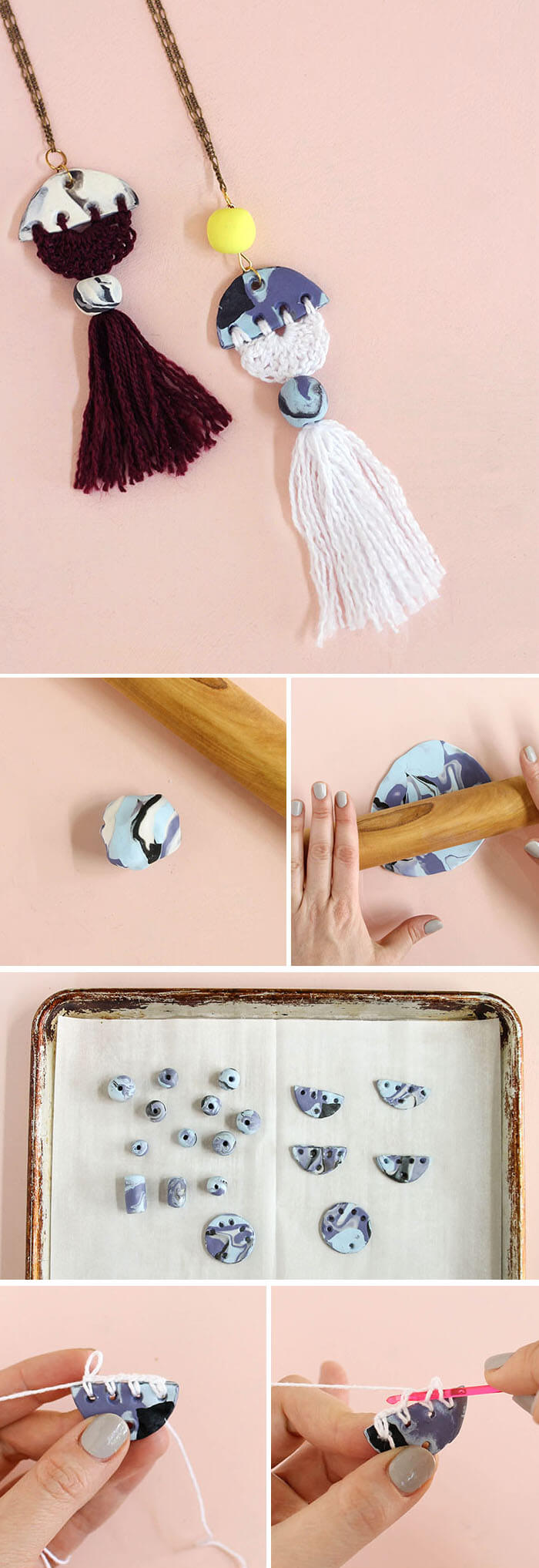 make your own modern tassel DIY necklace using clay and crochet