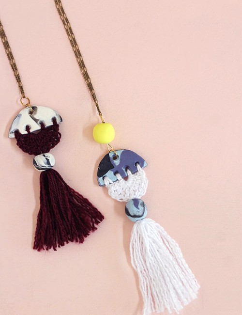 make your own modern tassel DIY necklace using clay and crochet