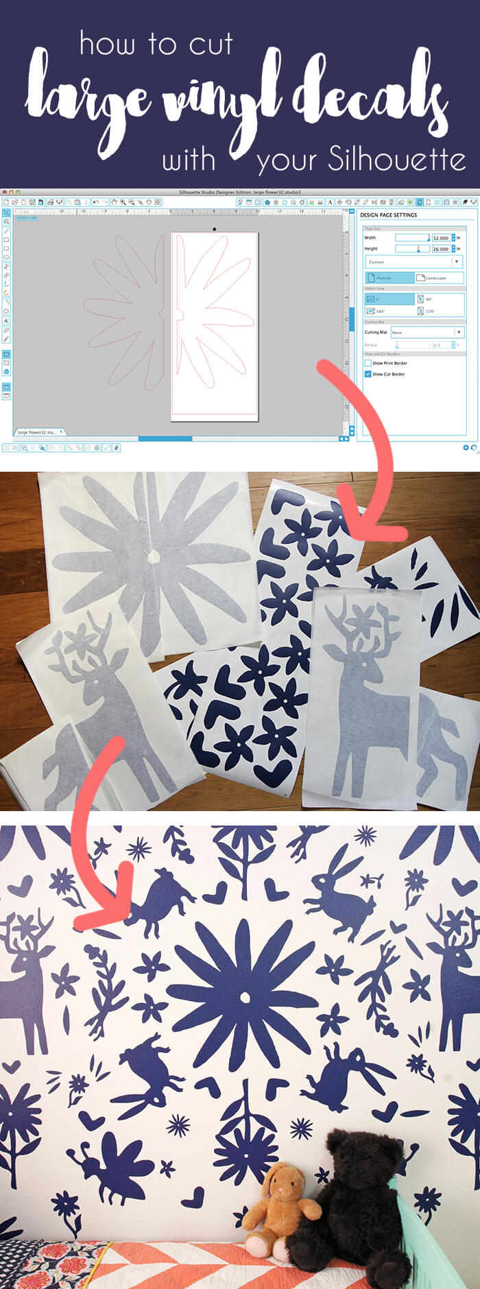 how to cut extra large vinyl decals with your Silhouette - cut settings plus how to piece them together on your wall