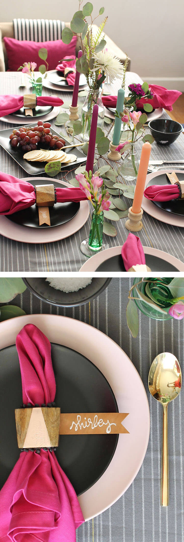 a colorful thanksgiving table - this tablescape uses lots of pinks, greens, metallics, and natural textures for a bright and beautiful celebration