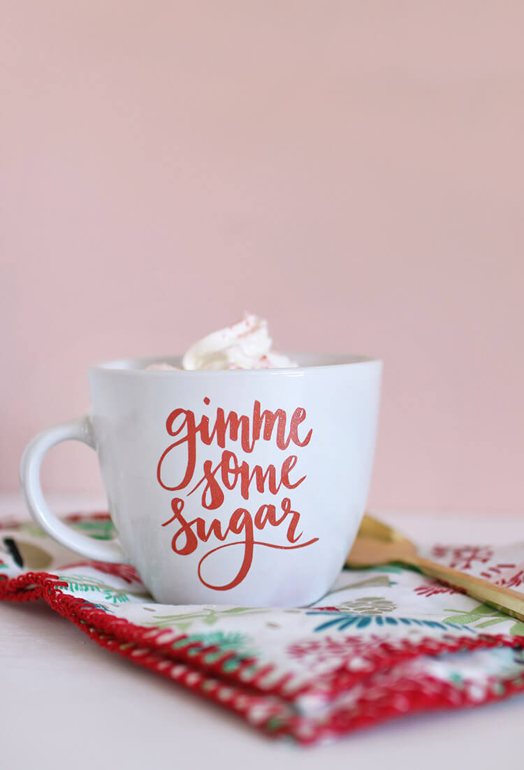 Free svg and silhouette studio cut files - makes adorable "gimme some sugar" baking-themed gifts - DIY mug and DIY dish cloth