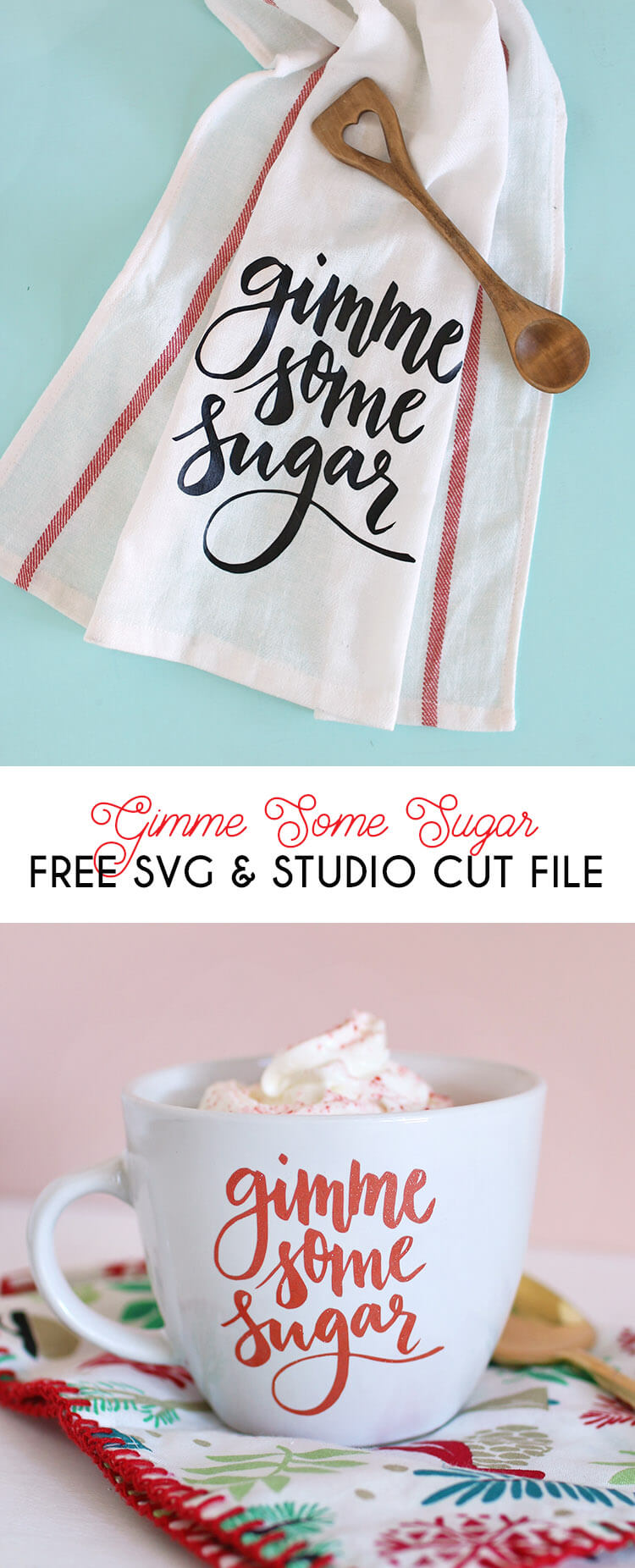 Free svg and silhouettFree svg and silhouette studio cut files - makes adorable "gimme some sugar" baking-themed gifts - DIY mug and DIY dish cloth with vinyl and your silhouettee studio cut files - makes adorable "gimme some sugar" baking-themed gifts - DIY mug and DIY dish cloth