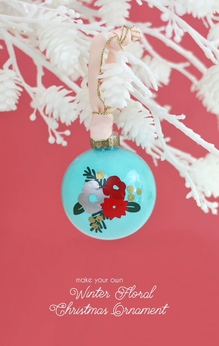 DIY winter floral ornament - make your own custom ornaments using vinyl decals cut with your silhouette or cricut