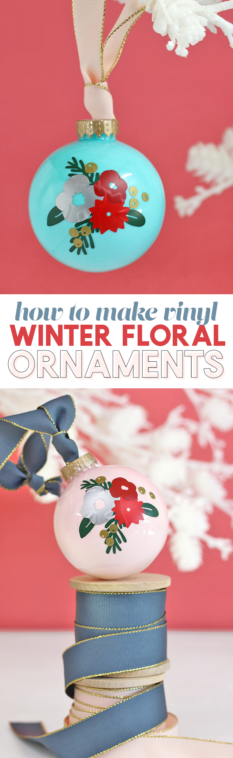 diy christmas ornaments - pretty winter floral design made with craft vinyl