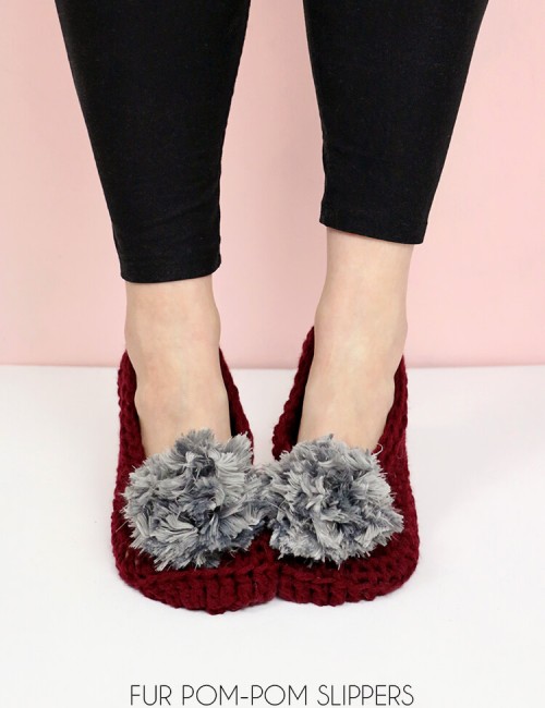 how to crochet slippers - Fur Pom-Pom Slippers - Free Crochet Pattern
