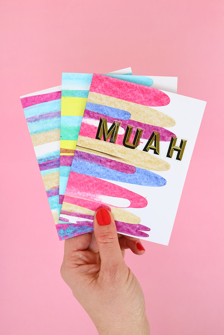 DIY art project idea - colorful paint scrape notecards