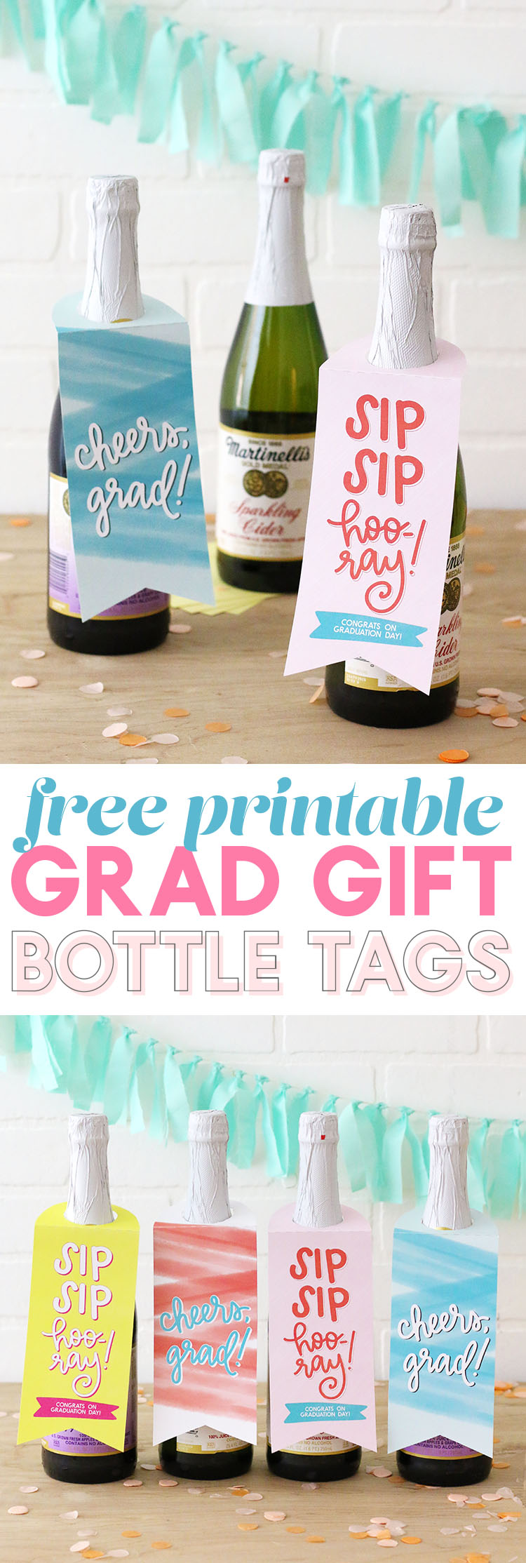 grad gift idea - free printable bottle tags for graduates - so cute on a bottle of sparkling cider - Cheers, grad!