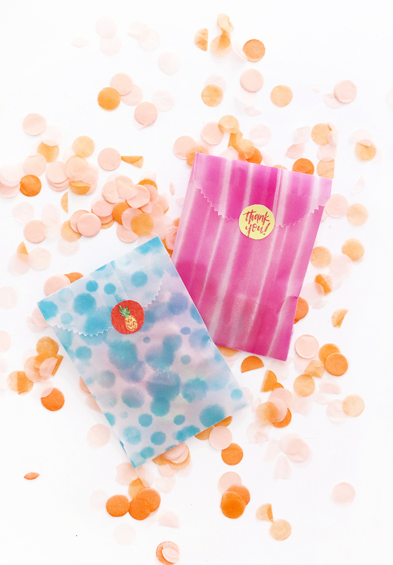 make your own custom goodie bags - these fun watercolor designs are perfect for a summer celebration - free printable papers and stickers - diy printable treat bags