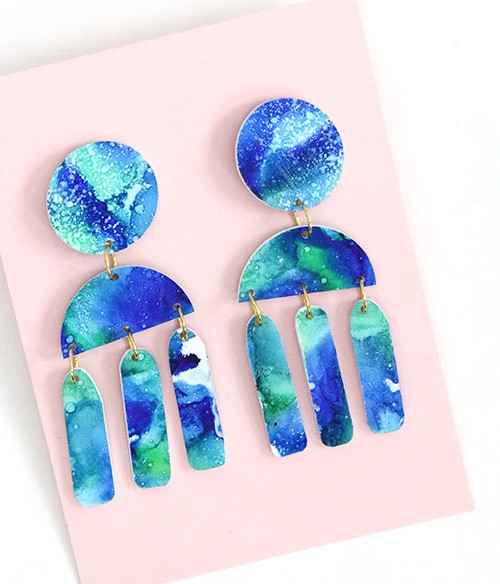 finished marbled alcohol ink shrinky dink earrings