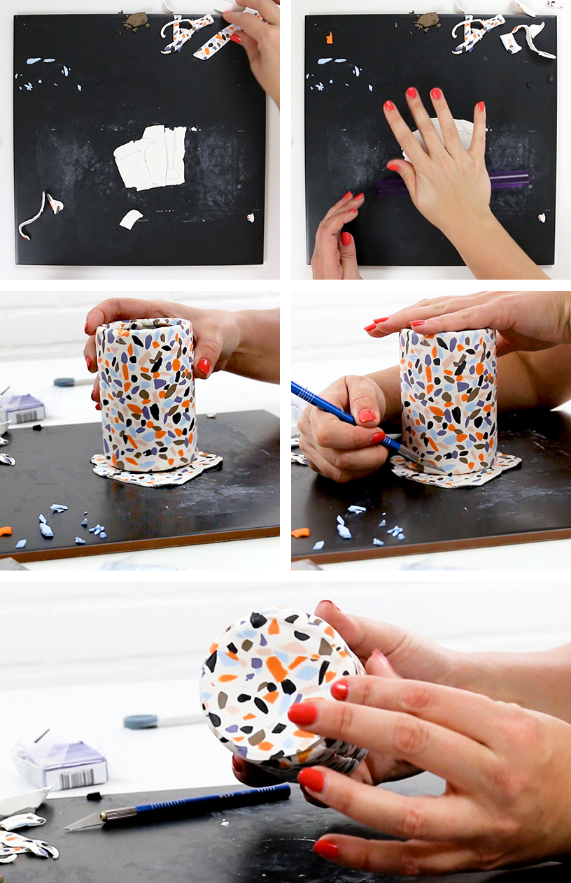 add piece of terrazzo clay to bottom of can
