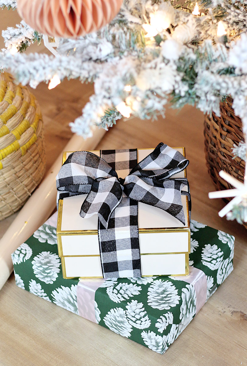 modern natural christmas gifts buffalo plaid pink and green gift wrap