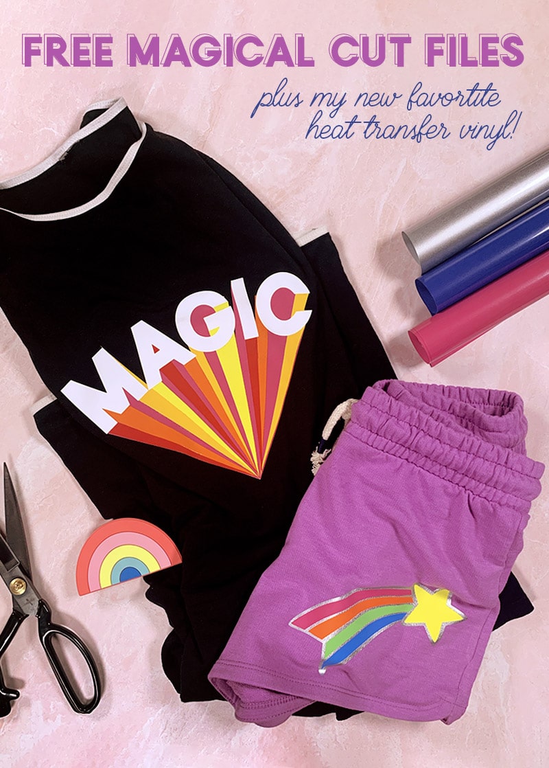 free magical cut files magic design on black shirt and shooting star cut file design on purple shorts