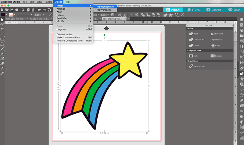 how to mirror image in silhouette studio for shooting star htv design