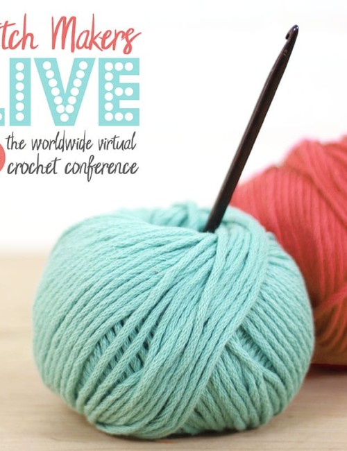 image of two balls of yarn with a crochet hook and the stitch makers live crochet conference logo