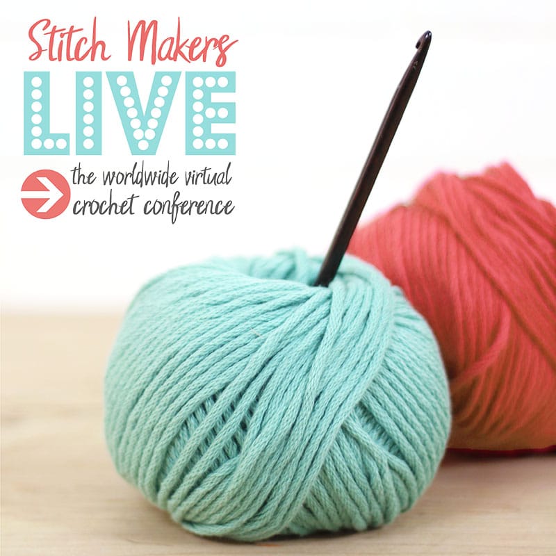 image of two balls of yarn with a crochet hook and the stitch makers live crochet conference logo