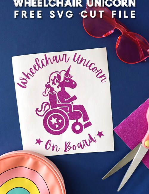 Wheelchair Unicorn on Board Decal cut from glitter vinyl made from free SVG cut file.