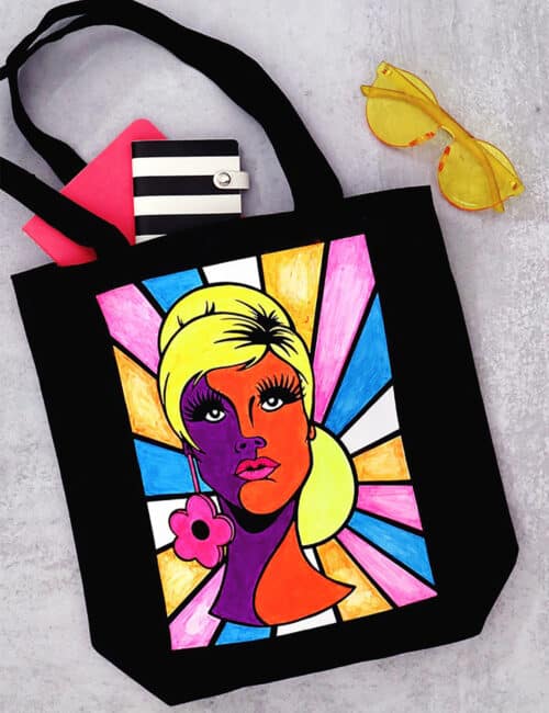 free groovy lady illustration svg on tote bag with black light paint