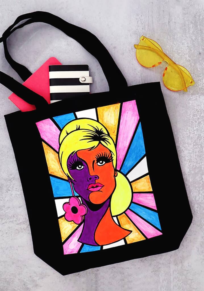 free groovy lady illustration svg on tote bag with black light paint