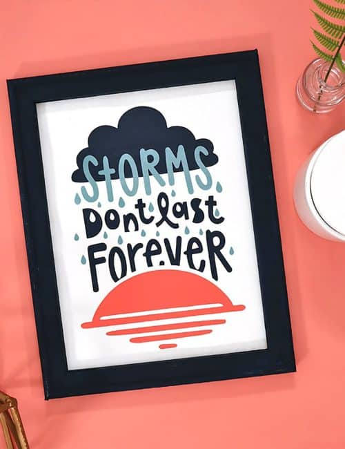 DIY reverse canvas art with storms don't last forever design
