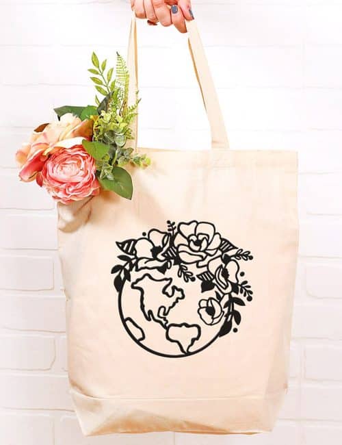 reusable tote bag with earth day floral globe svg design