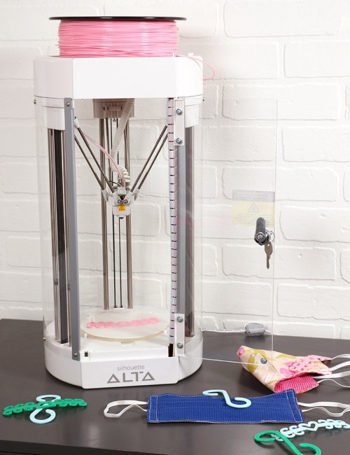 silhouette alta 3d printer with ear savers and cloth masks