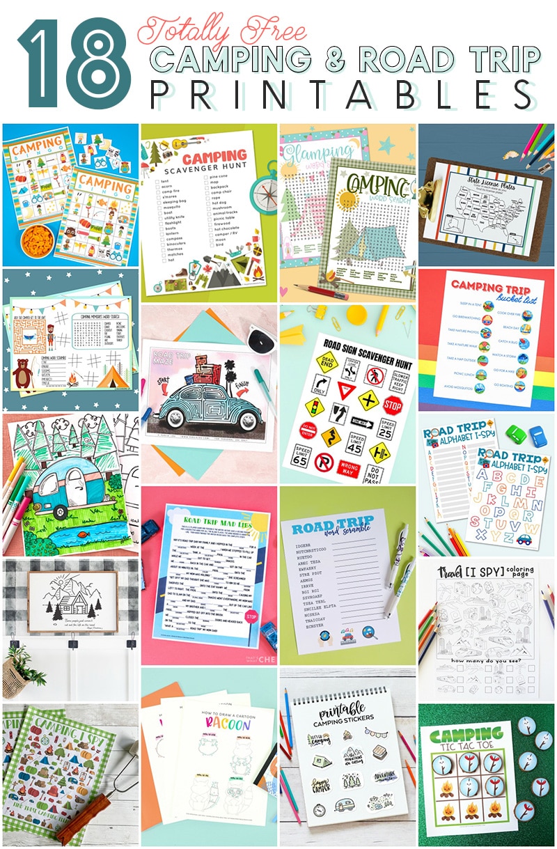 18 free road trip and camping printables collage