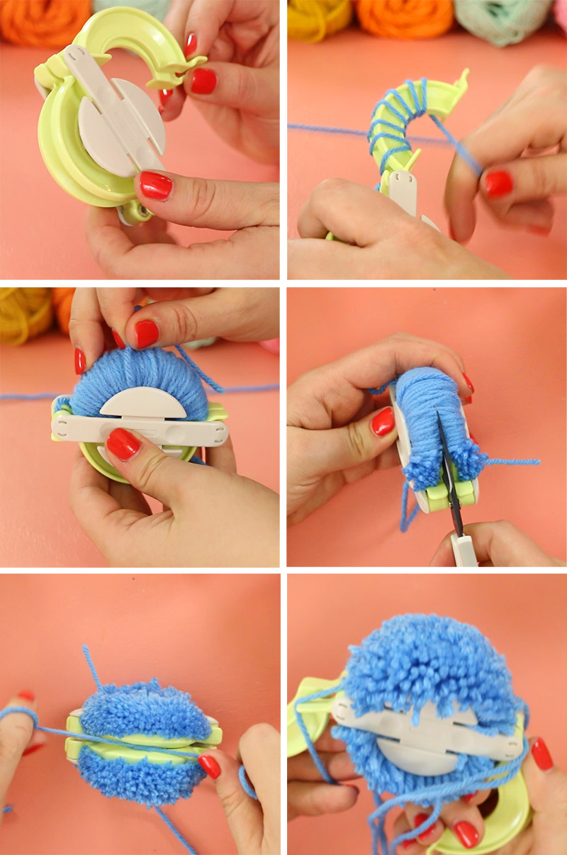 collage demonstrating how to make pom poms with the clover pom pom maker
