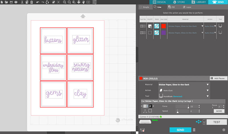 Cut settings for sketching and cutting by line color in the Silhouette Studio software.